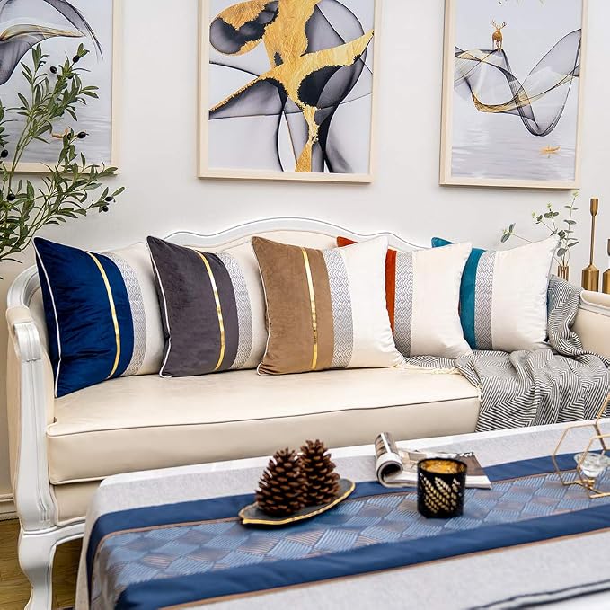 Yangest Burnt Orange Patchwork Velvet Throw Pillow Cover with Gold Striped Leather Cushion Case Modern Luxury Pillowcase for Sofa Couch Bedroom Living Room Home Decor,20"x20"