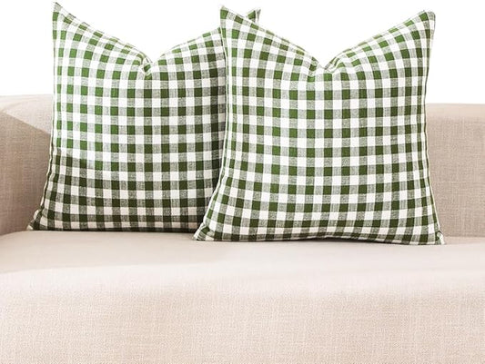 Farmhouse Sage Green Gingham Plaid Large Square Pillow Cover 22x22 Set of 2 | 22 x 22 Spring Summer Textured Pillow Covers, Farmhouse Cottage Core Decor, Couch Sofa Bed, Fundas Para Cojines De Sala