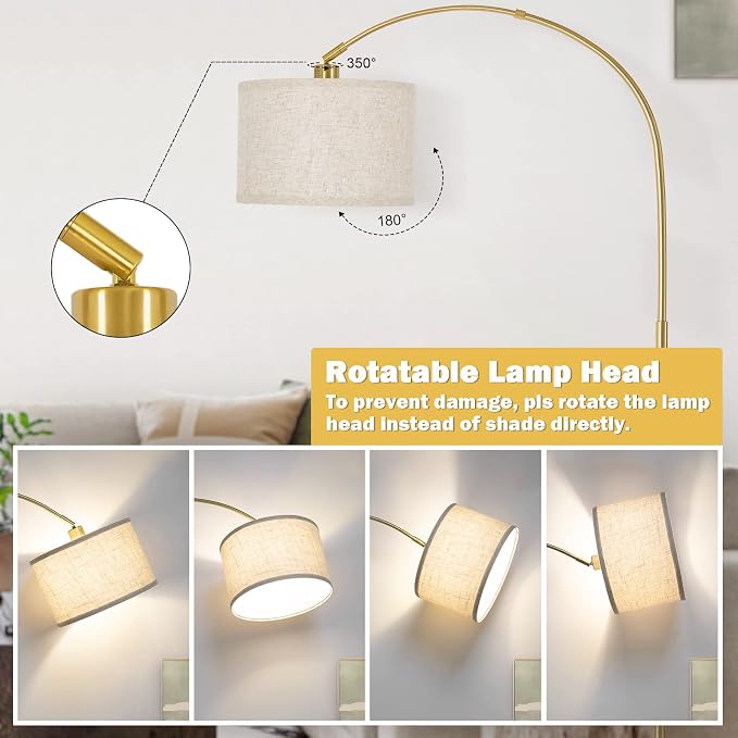 Gold Arc Floor Lamp with Dimmer, Dimmable Floor Lamp with Adjustable Head