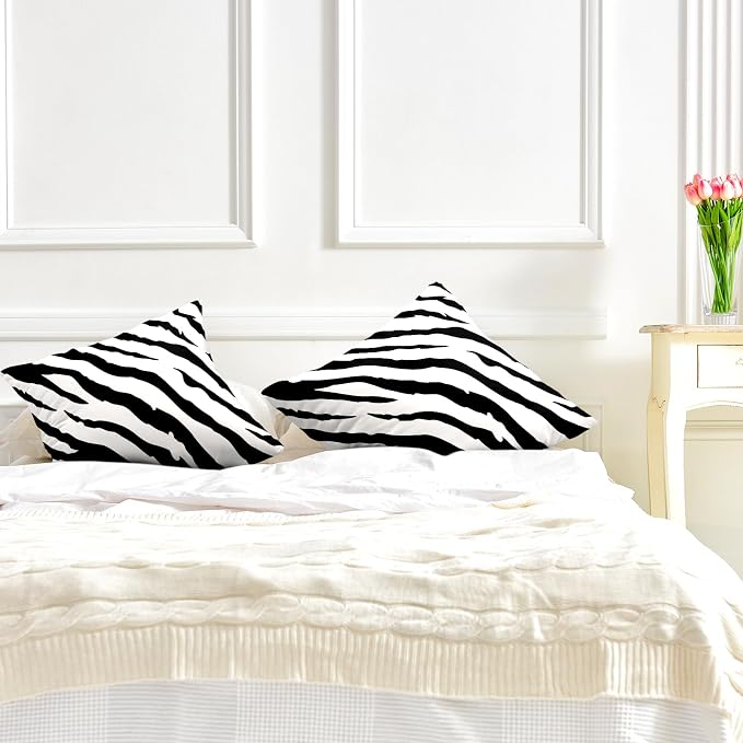 Zebra Striped Printed Throw Pillow Covers 22x22 Black and White Decorative Couch Pillow Covers Abstract Square Art Pillow Cases Home Decor for Sofa Bed in 2 Pcs