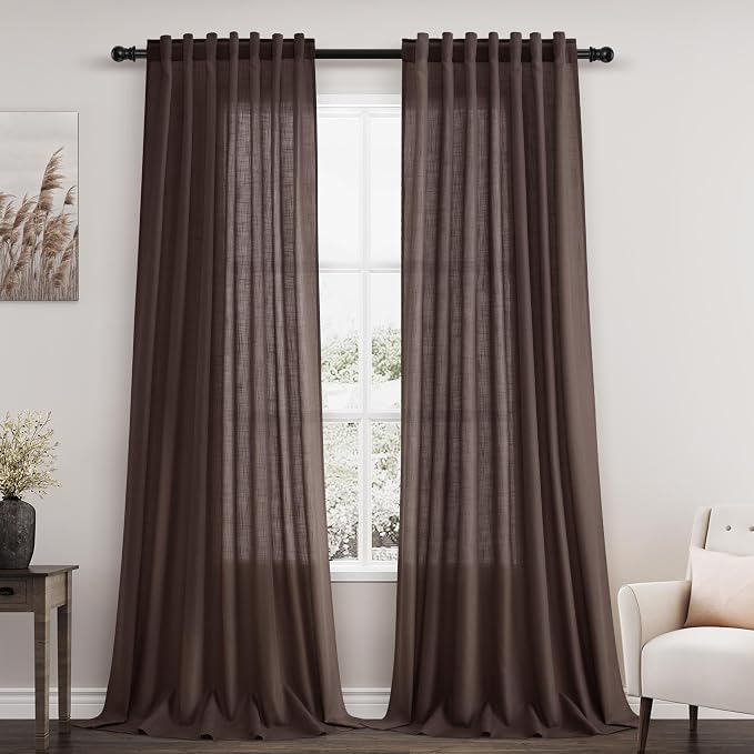 Coffee Linen Curtains for Living Room Back Tab Rod Pocket Semi Sheer Curtains 100 Inches Long 2 Panel Set Light Filtering Neutral Boho Farmhouse Lightweight Drapes for Bedroom 52x100