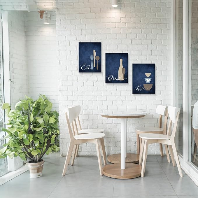 GUBIYU Premium Navy Blue Wall Art Set of 3, Large Dining Room Kitchen Signs - Eat Drink Love Wall Art for Home, Living Room, Bar or Cafe - 16"x24" Each