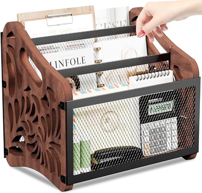 Wood Magazine Holder, 3-Compartment Magazine Rack Floor | Magazines File Holder Organizer,Rustic Magazines Storage Basket for Books,Newspapers,Mails,Files