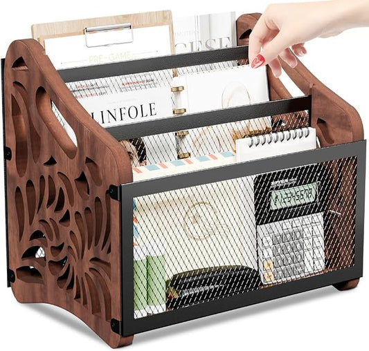 Wood Magazine Holder, 3-Compartment Magazine Rack Floor | Magazines File Holder Organizer,Rustic Magazines Storage Basket for Books,Newspapers,Mails,Files