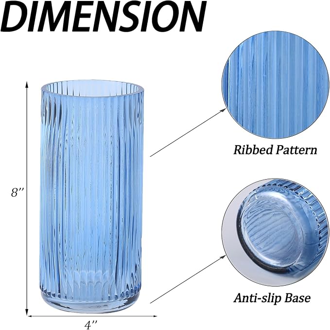 Ribbed Glass Vase, Blue Glass Vase for Bouquet, Modern Vases for Flowers, Ribbed Vases for Living Room, Bathroom, Dining Table, Office, Wedding, Centerpieces, 8 Inches