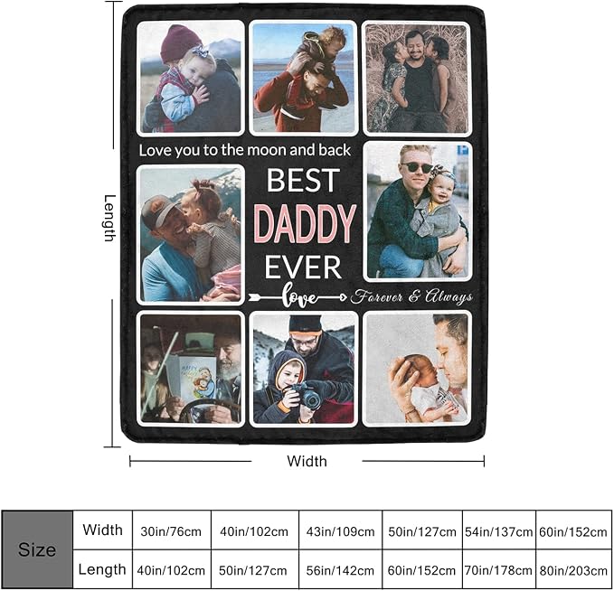 Gifts for Dad Custom Blanket with Photo, Make a Personalized Father's Day Blankets with Picture to My Dad, Customized Memories Souvenir Throws for Best Daddy Ever, 8 Collage Made in USA
