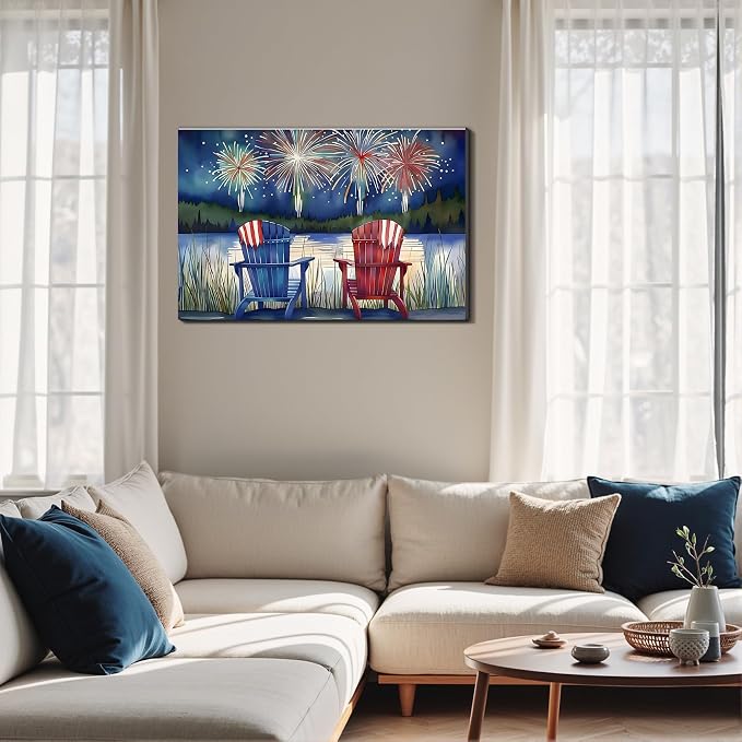 Framed 4th of July Fireworks Adirondack Chair Wall Art, Patriotic Lake Canvas Art Pictures, USA Flag Wall Decor, Made in USA Ready to Hang for Living Room Porch