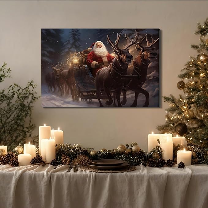 Santa Claus Framed Christmas Wall Art 24x36in, Festive Holiday Wall Decor for Office, Winter Reindeer Canvas Art Print, Farmhouse Christmas Pictures for Living Room Indoor Decorations