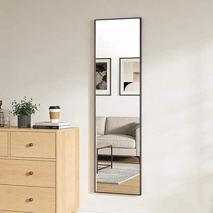 48x14 Inch Full Length Mirror Over the Door Hang or Wall Mounted Black | HD Tempered Glass, Aluminum Frame Rect Full Body Dressing Make-up Mirrors for Bedroom, Bathroom, Entryway, Living Room