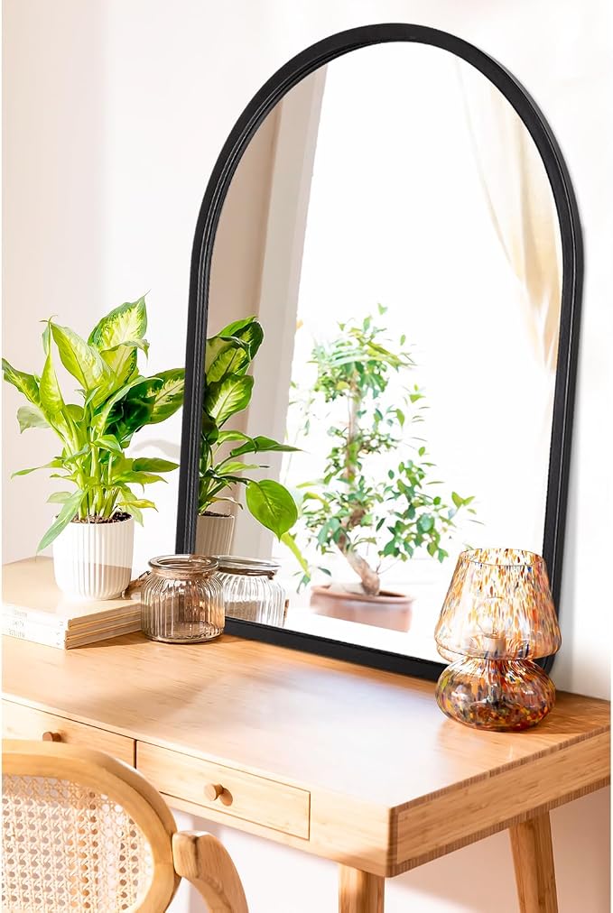 Black Large Mirrors for Wall Arched Vintage Wood Framed Wall Hanging Mirror Decorative Farmhouse Bedroom Living Room Bathroom Entryway Dressing Room 26" x 18"