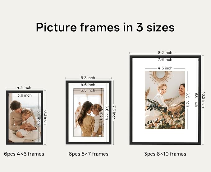 eletecpro Aluminum Gallery Wall Frame Set of 15 with Glass Cover, Black | Including 3Pcs 8x10, 6Pcs 5x7, 6Pcs 4x6 Photo Frames, Multiple Sizes Picture Frames Collage Wall Decor or Tabletop Display