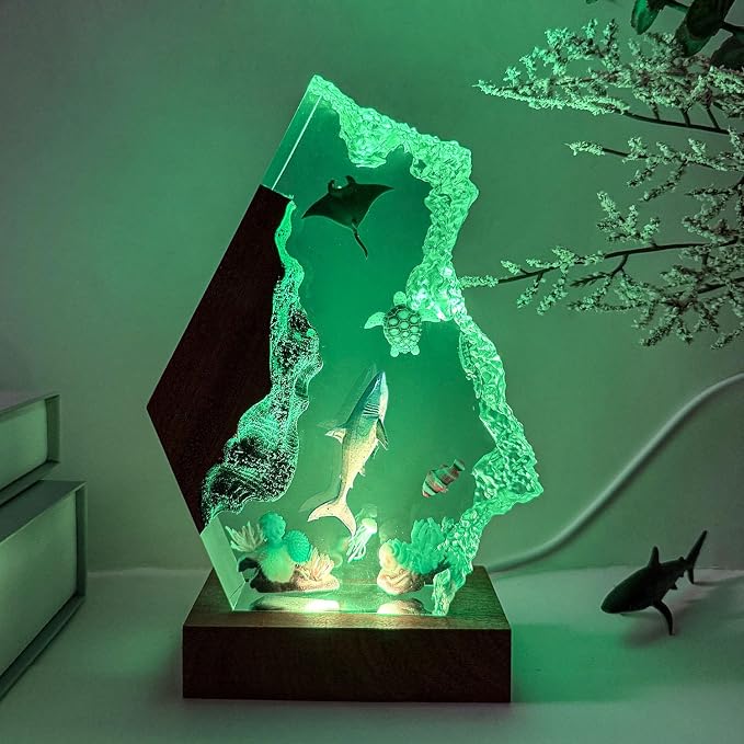 Handmade Shark Resin Ocean Lamp with Woodden Base