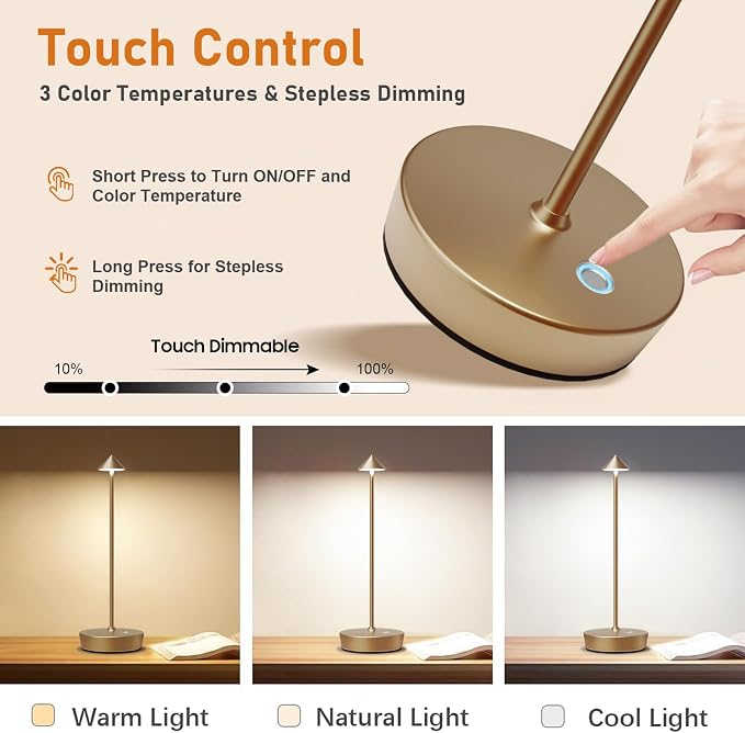 Set of 2 Cordless Rechargeable Led Table Lamp Battery Operated Light Bronze