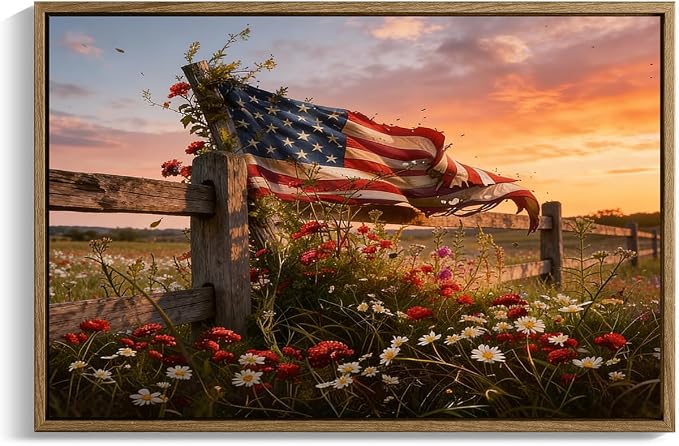 American Flag Framed Canvas Wall Art, 4th of July Patriotic Canvas Prints | Wildflower Meadow Landscape Poster Print, Vintage Rustic Independence Day Wall Decor for Bedroom Living Room 8×10in