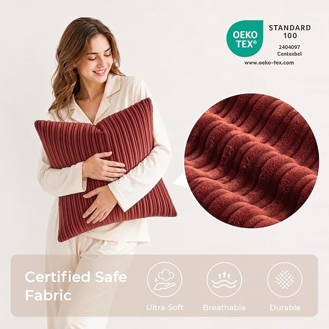 Kevin Textile Striped Corduroy 20”x20” Pillow Covers 2 Pack, Burnt Brick