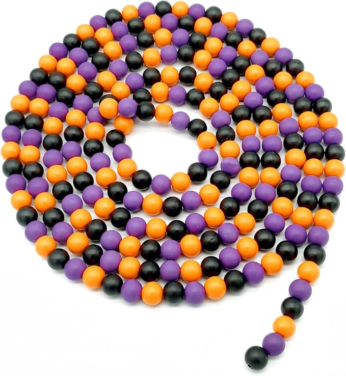 10ft Wooden Bead Garland, Wood Bead Decoration for Halloween Party, 14mm (Orange, Purple & Black)