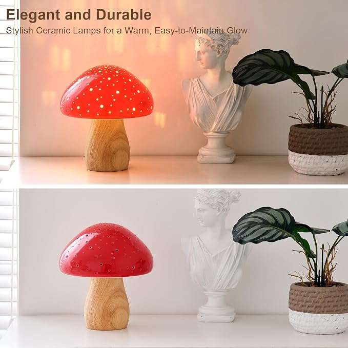 BOHON Mushroom Lamp Ceramic Bedside Table Lamp, Red