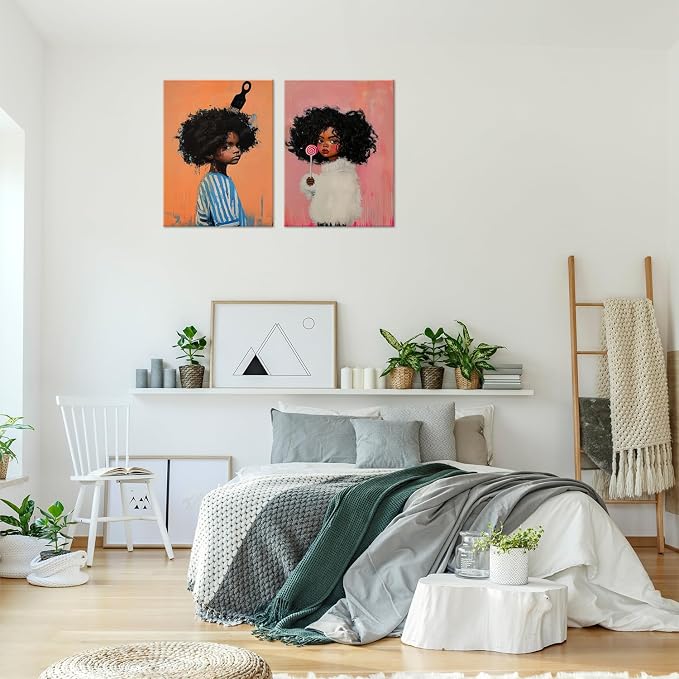 ouiytws Black Girl Wall Art Set of 2, Afro Canvas Prints for Kids Room | Framed 16x24 inch diptych wall art for kids bedroom, cute boho modern painting, ideal boys and girl room decor