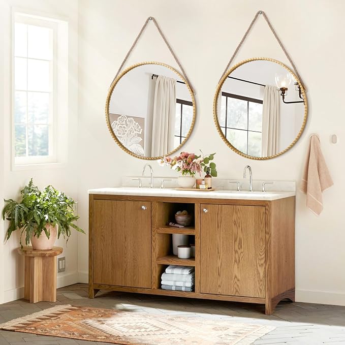 Circle Hanging Mirror Metal Framed Modern Wall Decorative Hanging Mirror Round Mirrors with Hanging Rope and Beaded for Bathroom Living Room Gold 24"
