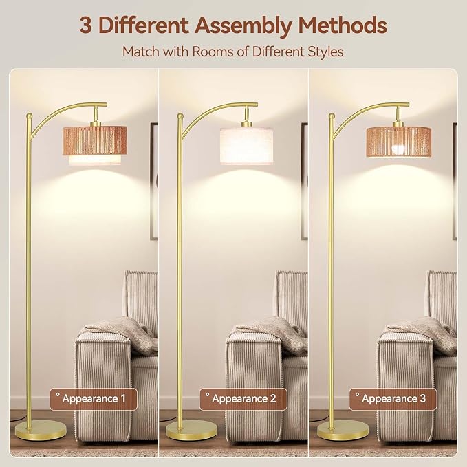 SUNMORY Arc Floor Lamps for Living Room, Rattan Standing lamp with 12W Bulb