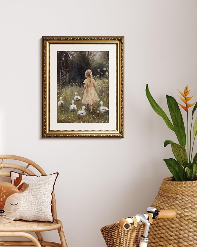 WHASAYART Girl Walking with Ducks Vintage Gold Framed Canvas Wall Art | Rustic Nature Child Scene Wall Decor, Applicable to Nursery Living Room Bedroom Decor, 13x16" Waterproof Canvas Painting