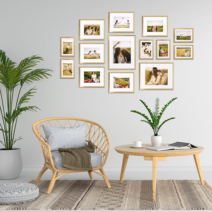 Giftgarden 14 Pack Gold Picture Frames Set, 2pcs 11x14 Matted for 8x10, 6pcs 8x10 Matted for 5x7, 6pcs 5x7 Matted for 4x6, Gallery Frame Collage for Wall or Tabletop Display
