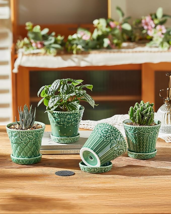 Metahom 3.8 Inch Succulent Pots, Green Ceramic Pots for Plants Set of 4
