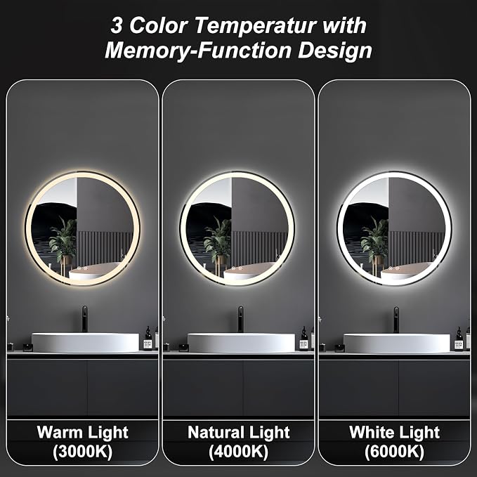 NEWBULIG 28'' Round LED Bathroom Mirror with Lights, Circle Vanity Mirror | Anti-Fog, Dimmable, 3-Color Light, Front Light and Backlit, Memory Function, Tempered Glass