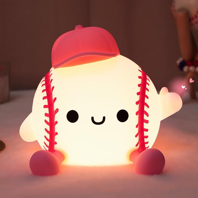 Attivolife Softball Night Light for Girls, Silicone LED Touch Lamp Rechargeable Nursery Bedroom Bedside Decor, Birthday Valentine's Day Gifts for Kid Girl Women Sport Lover