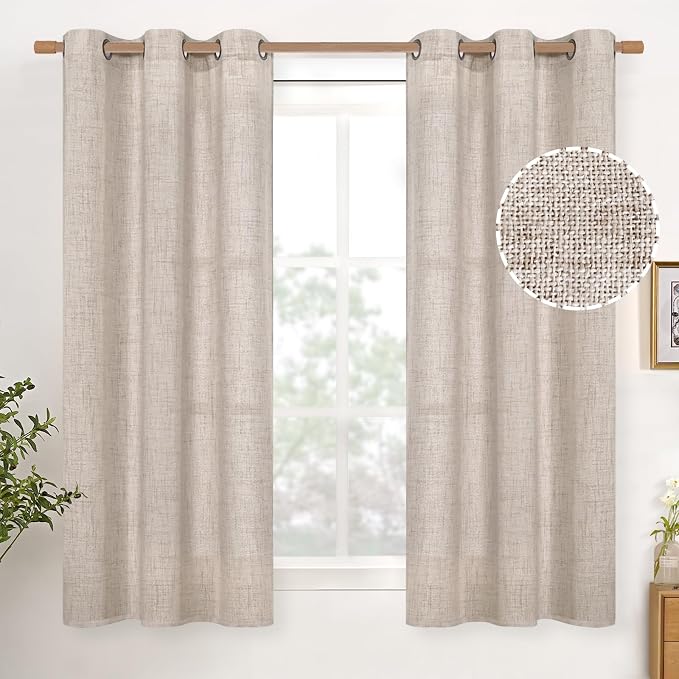 YoungsTex Natural Linen Curtains 48 Inch Length for Living Room Window | Short Semi Sheer Drapes with Bronze Grommet for Bedroom Light Filtering , 2 Panels, 42 X 48 Inch