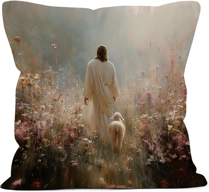 Christian Jesus and Lamb Throw Pillow Covers Gifts 18x18, Jesus Leaves the 99 Sheep Decor Pillow Cases for Bedroom Living Room, Religious Cottagecore Decorative Square Pillowcases for Couch