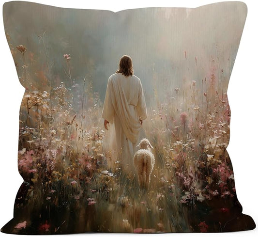 Christian Jesus and Lamb Throw Pillow Covers Gifts 18x18, Jesus Leaves the 99 Sheep Decor Pillow Cases for Bedroom Living Room, Religious Cottagecore Decorative Square Pillowcases for Couch