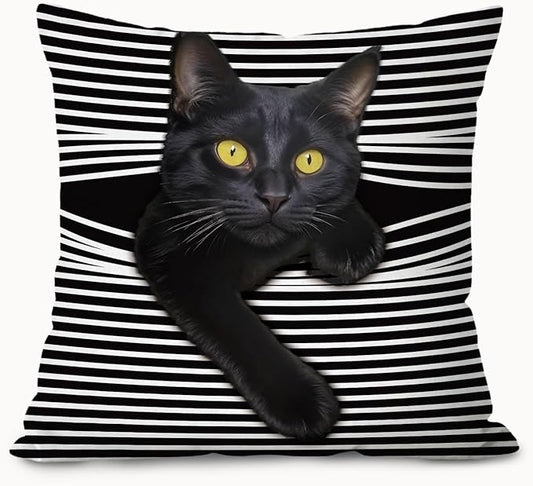 Funny Moody Black Cat Pillow Covers 18x18, Cat Room Decor, Whimsical Kitten Black and White Striped Decorative Throw Pillow Covers Pillowcases for Bedroom Living Room Home Decor