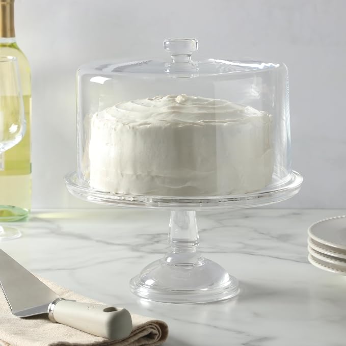 Martha Stewart Watercrest Glass Cake Stand with Dome, 10.2 Inch Clear Footed Pedestal Cake Stand with Glass Lid Cover, Handmade Glassware for Cakes and Desserts