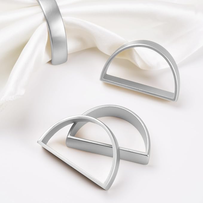 APTWOW Silver Napkin Rings Set of 6, Thanksgiving Christmas Table Decor | Semicircle, Metal, Silver Napkin Holder Buckles, Fall Napkin Rings for Dinner Table Decor, Wedding, Banquet, Valentines Day