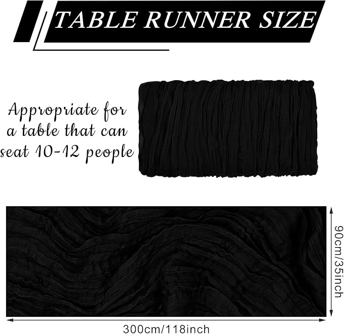 12 Pack Cheesecloth Table Runner 10Ft Christmas Gauze Boho Table Runners for Wedding Decor Bridal Shower Decorations Baby Shower Party(35" x 120")(Black)