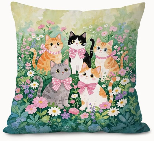 Coquette Pink Bow Cat Pillow Covers 18x18, Cat Room Decor, Cottagecore Wildflowers Cute Kitty Aesthetic Decorative Throw Pillow Covers Pillowcases for Bedroom Living Room Home Decor