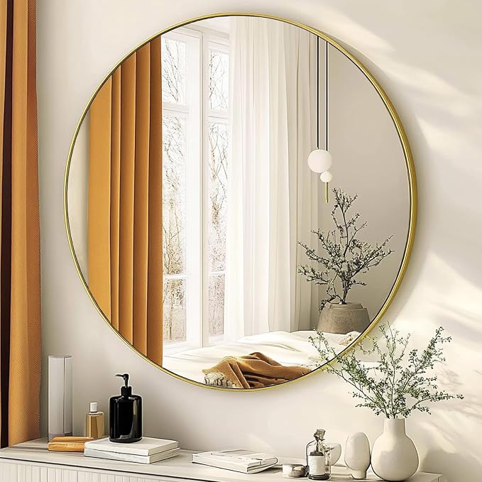Gold Circle Mirror 24 inch, Round Mirror, Brushed Gold Metal Frame | Circular Decorative Wall Mirrors for Bathroom, Bedroom, Entryway, Living Room, Hallway, Over Sink, Vanity,Golden,Brass,Rustic