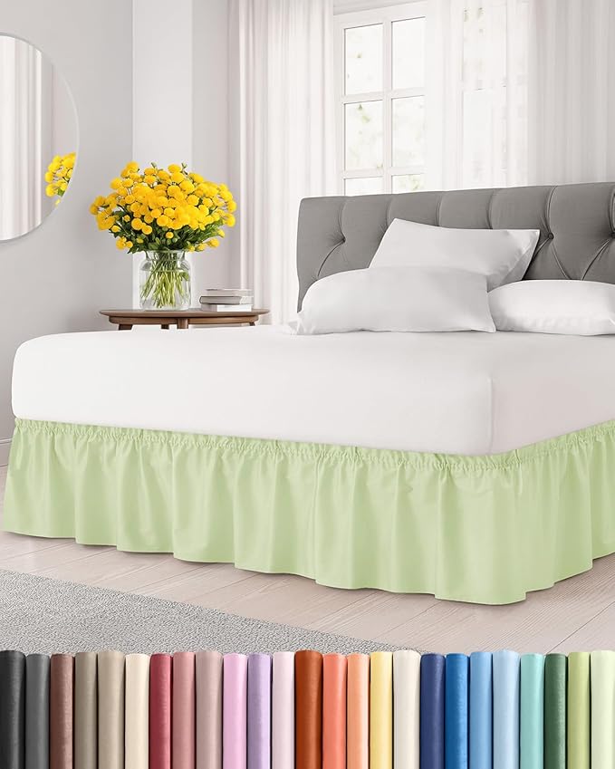 Wrap Around Dust Ruffle Bed Skirt - College Dorm Room - Twin/Twin XL | Light Sage Green, 12 Inch Drop, Elastic Strap & Adjustable Pleated Bedskirt, Wrinkle Free, for Women, Men, Students & Teens