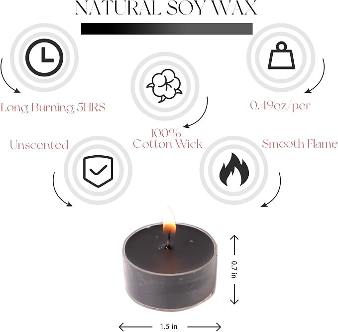 12 Black Unscented Natural Soy Tealight Candles in Clear Cup