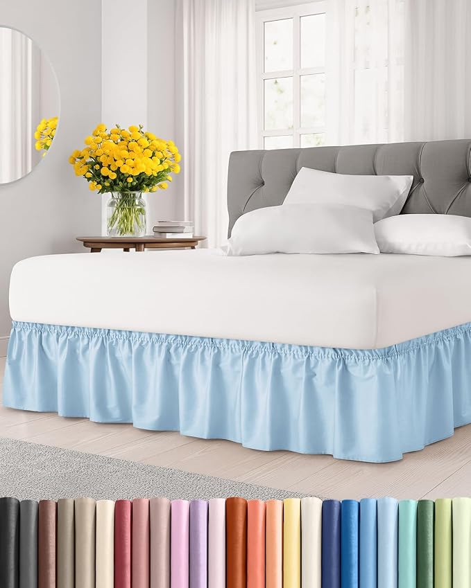 Wrap Around Dust Ruffle Bed Skirt, Full Size - 21 Inch Drop, Light Blue | Easy Fit Elastic Strap, Adjustable Pleated Bedskirt w/Brushed Fabric, Wrinkle & Fade Free, for Women, Men, Kids & Teens