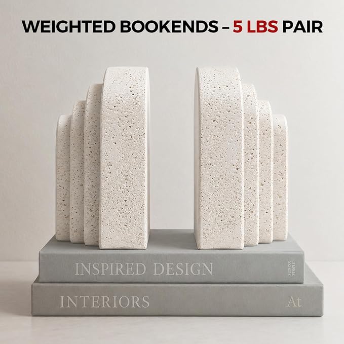 Heavy Duty Book Ends for Shelves, Decorative Book Stopper for Shelves, Resin Decor Bookends for Heavy Books, Modern Home Decor Aesthetic Bookend Aesthetically Pleasing Layered Arch Design, Set of 2