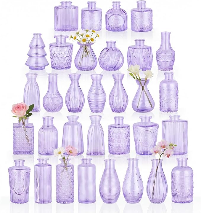 BEAHOT Bud Vase in Bulk - Flower Vases for Wedding Decorations, Glass Vase for Table Decorations, Small Vase for Home, Mother's Day, Centerpieces, Party, Office (32pack,Purple)