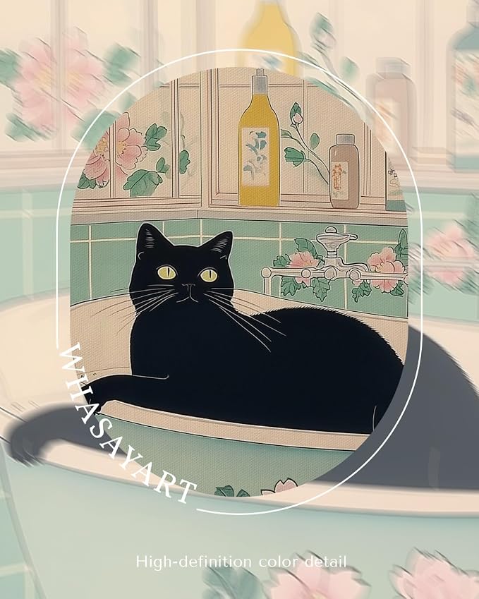 WHASAYART Vintage 12x16 Framed Black Cat in Bathtub Wall Art, Retro Pastel Floral Tile Bathroom Canvas Print, Aesthetic Home Bath Spa Decor