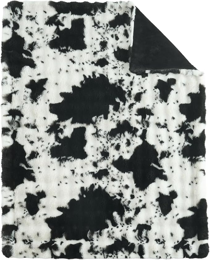 Lotus Karen Faux Fur Throw Blanket Cow Print-Black, Fluffy Fuzzy Plush Bubble Blanket for Couch, 108x90 Inches Cozy Shaggy Rabbit Blanket, Luxury Decorative Gifts for Sofa Bedroom Living Room.