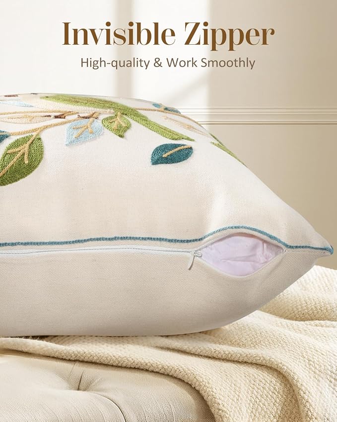 Embroidered Throw Pillow Cover 18x18 Inch - Summer Farmhouse Decorative Pillow Covers with Zipper for Couch Sofa Bedroom Living Room Spring Boho Cushion Pillowcase, Birds Leaves