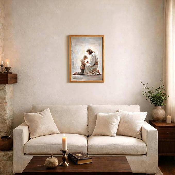 AUUAUU Jesus and Boy Praying Christian Wall Art 12x16 Inches Wooden Framed | Religious Canvas Painting Jesus Children Picture Prints Artwork Christmas Wall Decor for Living Room Bedroom Ready to Hang