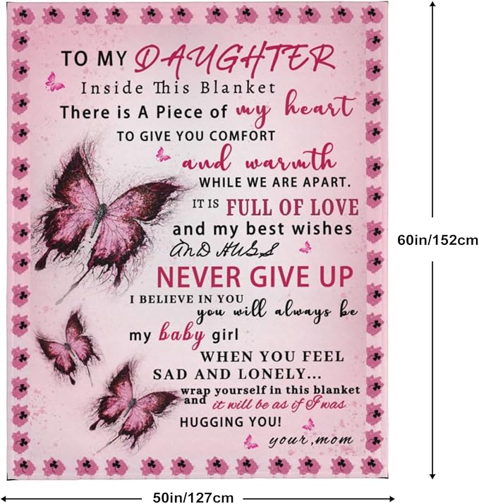Daughter Blanket from Mom, Daughter Gifts from Mom, Daughters Birthday Gifts, Christmas Birthday Gift for Daughters Adult, Soft Flannel Throw Blanket, Pink Butterfly, 60"x50"
