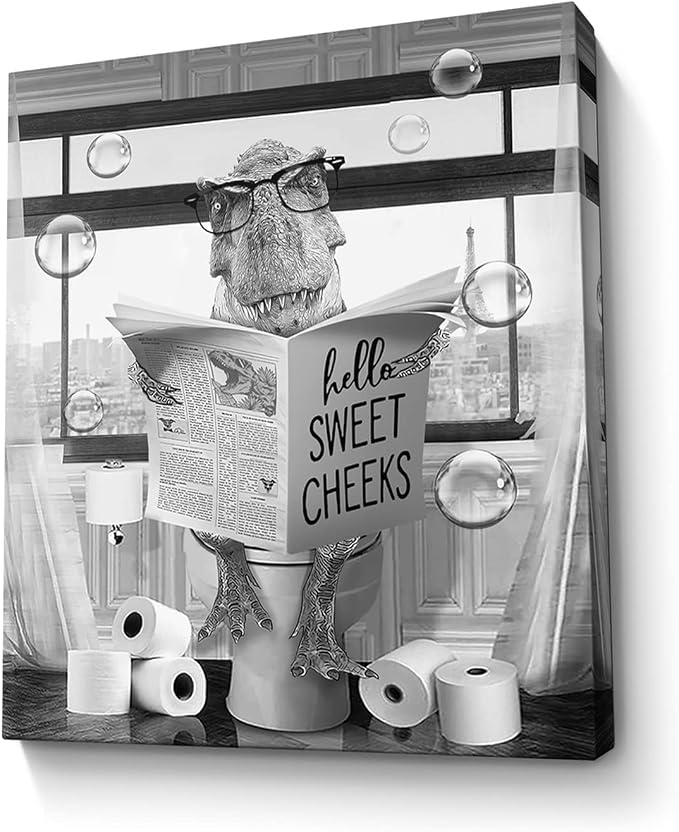Funny Dinosaur Wall Art Black and White Bathroom Print Farmhouse Bathroom Animals Wall Decor Dinosaur Sitting in Toilet Reading Newspaper Painting Framed Artwork for Toilet 16x20 inch