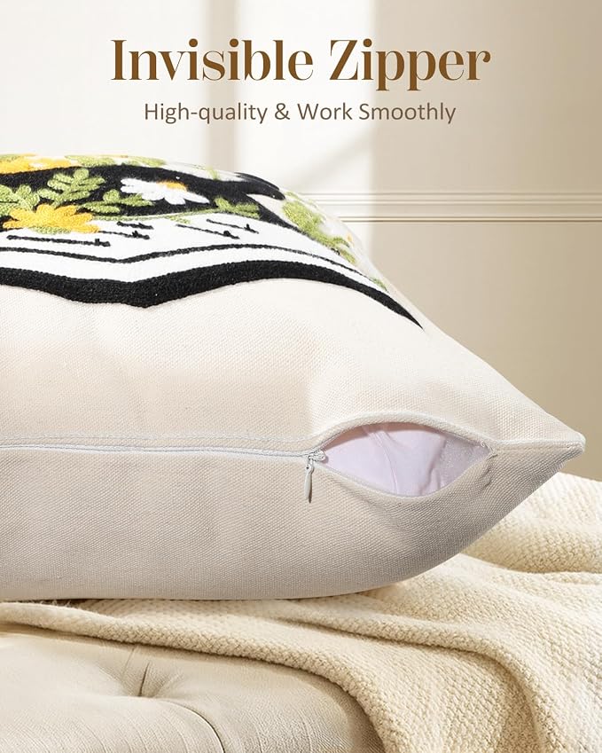 Embroidered Throw Pillow Cover 20x20 Inch - Summer Farmhouse Decorative Pillow Cover with Zipper for Couch Sofa Living Room Cushion Pillowcase, Cat Floral
